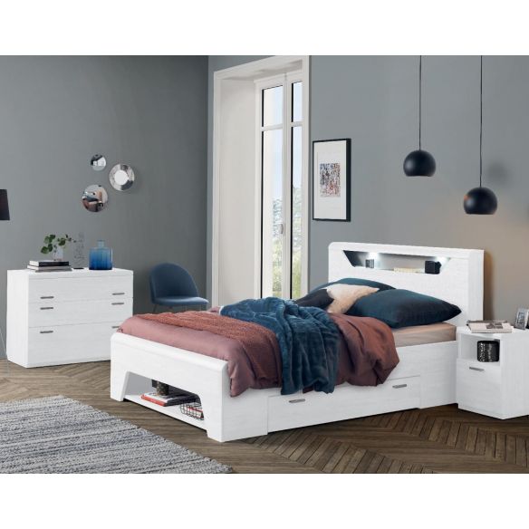 Lit tiroirs avec tête de lit niche et éclairage MULTY MEUBLES CELIO